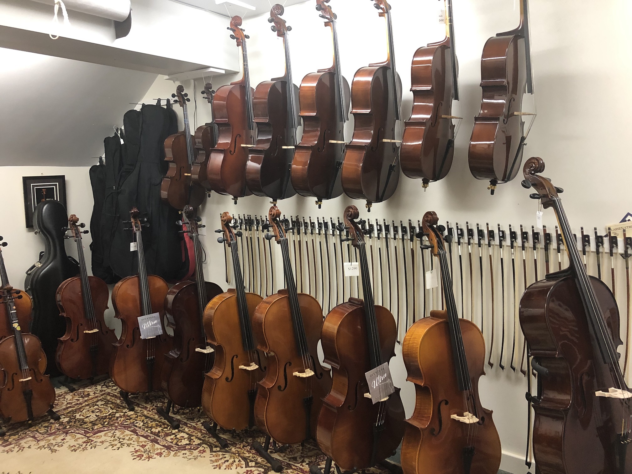 Cellos and bows on display